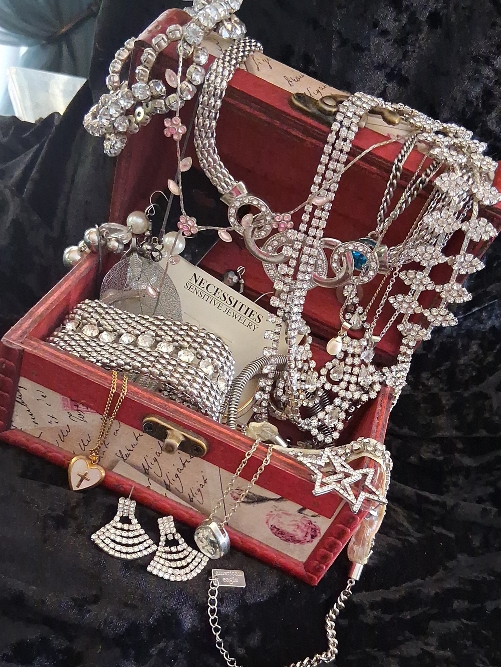 Silver Crystal Statement Necklace Earrings & Bracelets Jewelry Box Full.